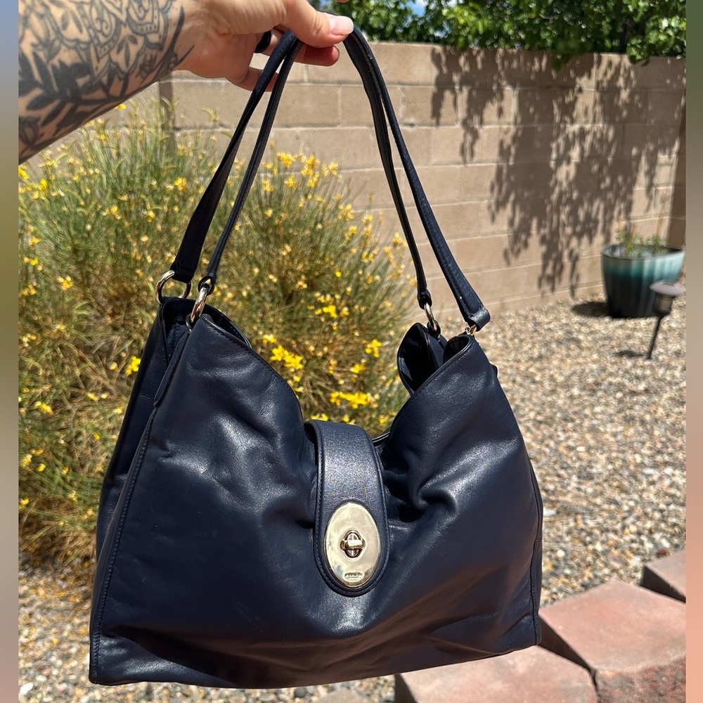 Coach Blue Leather Shoulder Hobo Bag with Gold Closure